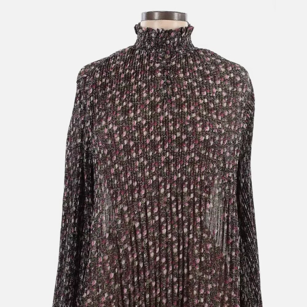 CAbi Womens Knife Pleat Floral Mock Neck Blouse Style #3952 Black Pink